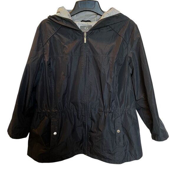 Gallery Women's Hooded Rain/Wind Jacket Navy Blue Zip Up Size 1X - Picture 1 of 10